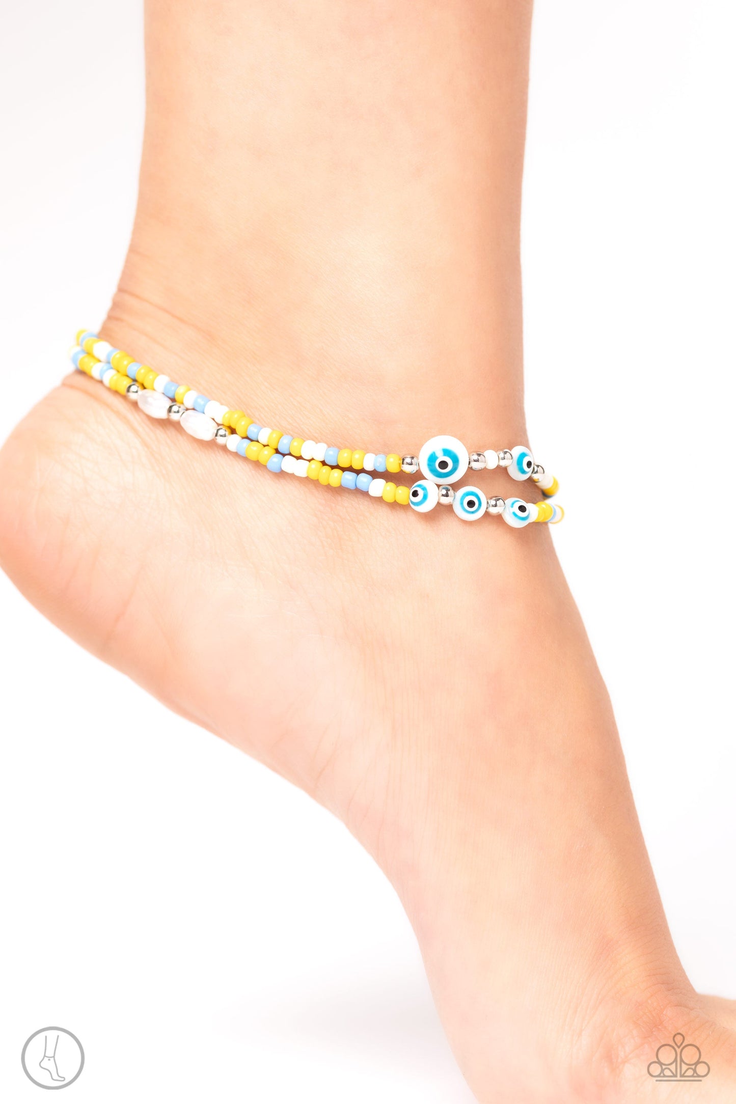 Enchanting Energy - Yellow, White, Blue Seed Beads/Baroque Pearls/White Eye Like Charm Paparazzi Anklet