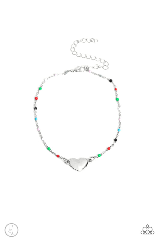 Sunbather Serenade - Multi Colored Beads & Imperfect Silver Heart Paparazzi Anklet