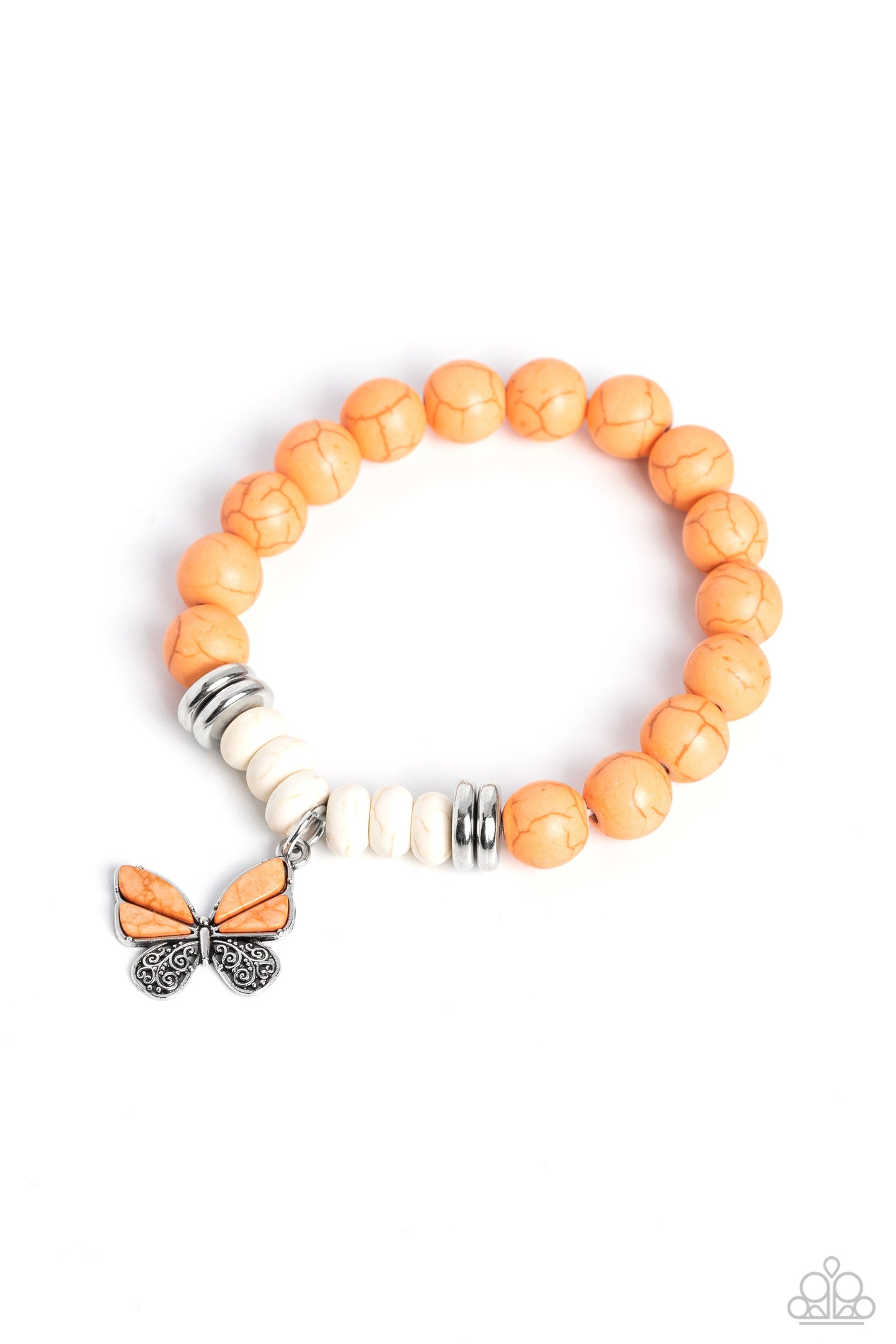 Bold Butterfly - Orange & White Stone Beads/Butterfly Charm Paparazzi Stretch Bracelet