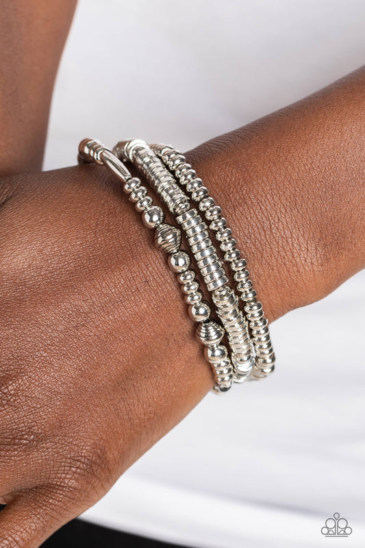 Monochromatic Medley - Silver Assorted Beaded Paparazzi Set of 3 Stretch Bracelets