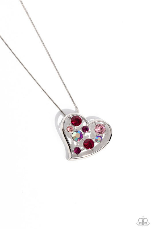 Romantic Recognition - Pink/Iridescent Rhinestone Heart Pendant Paparazzi Necklace & matching earrings