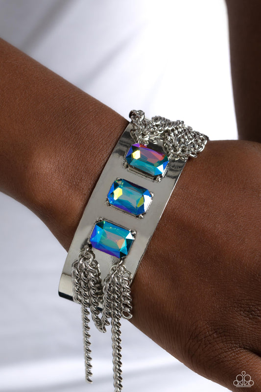 CHAIN Showers - Multi UV Emerald-Cut Gems/Silver Chain Paparazzi Cuff Bracelet