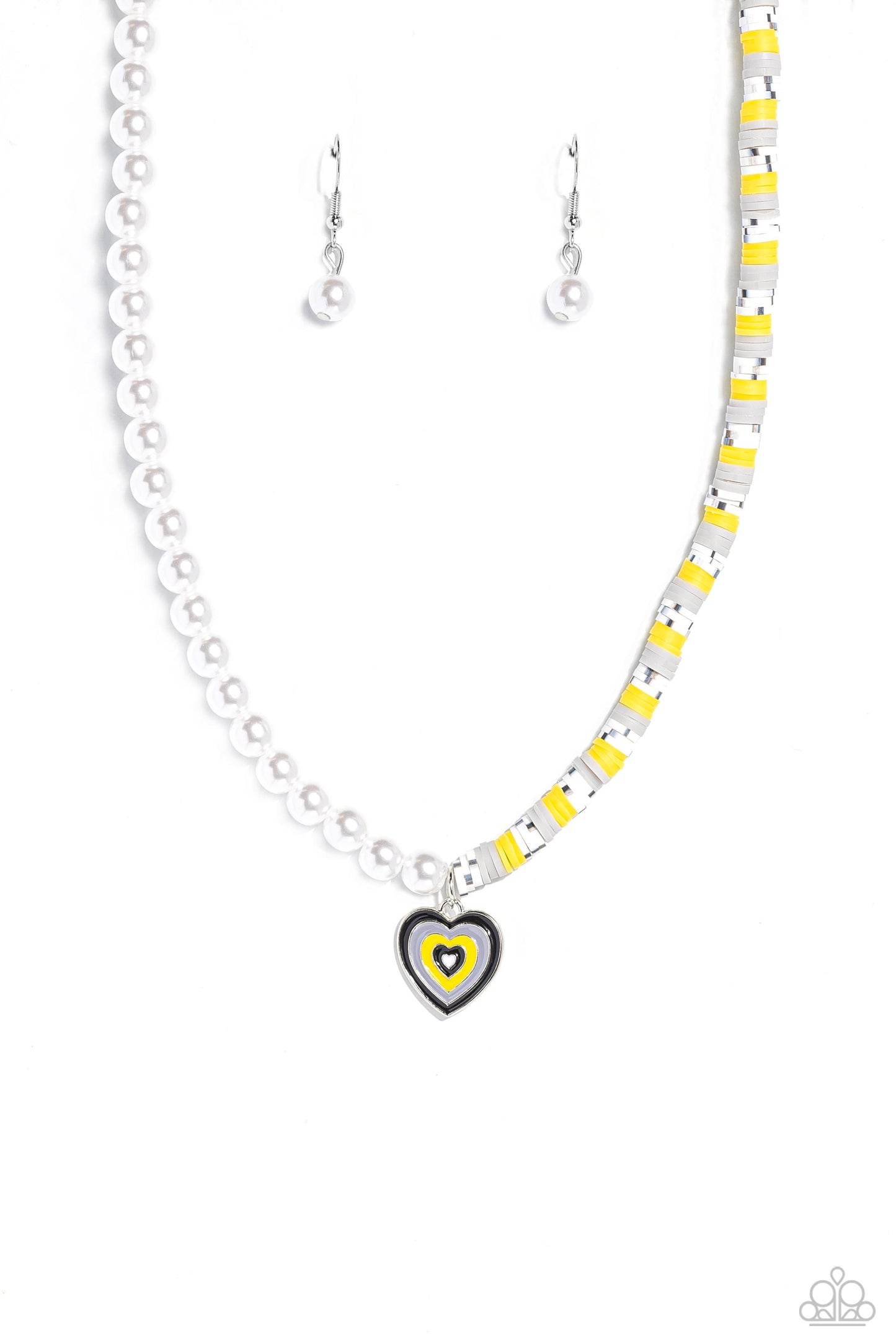 Precise Psychedelic - Black, Yellow, & Gray Clay Discs/White Pearls/Heart Pendant Paparazzi Necklace & matching earrings