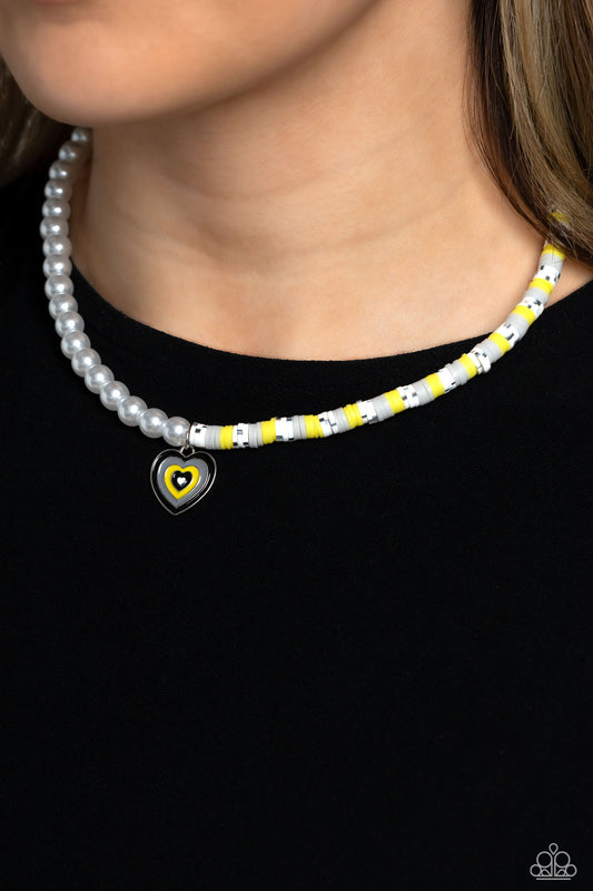Precise Psychedelic - Black, Yellow, & Gray Clay Discs/White Pearls/Heart Pendant Paparazzi Necklace & matching earrings