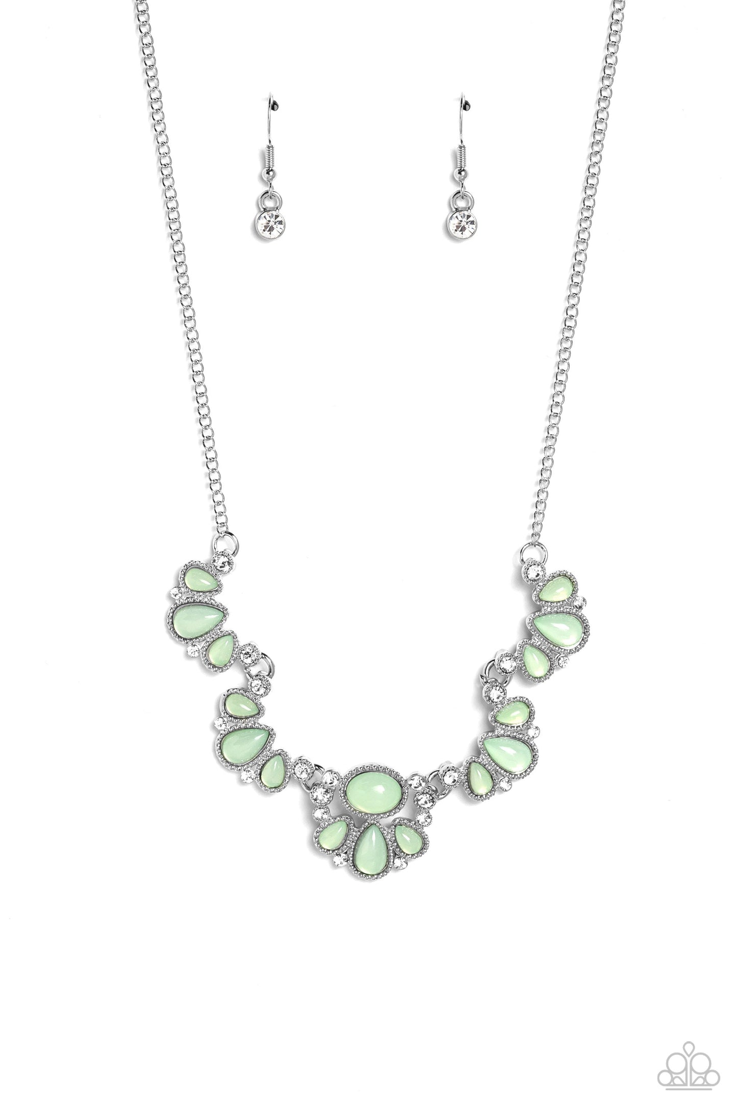 Dancing Dimension - Green Teardrops/White Rhinestone Clusters Paparazzi Necklace & matching earrings