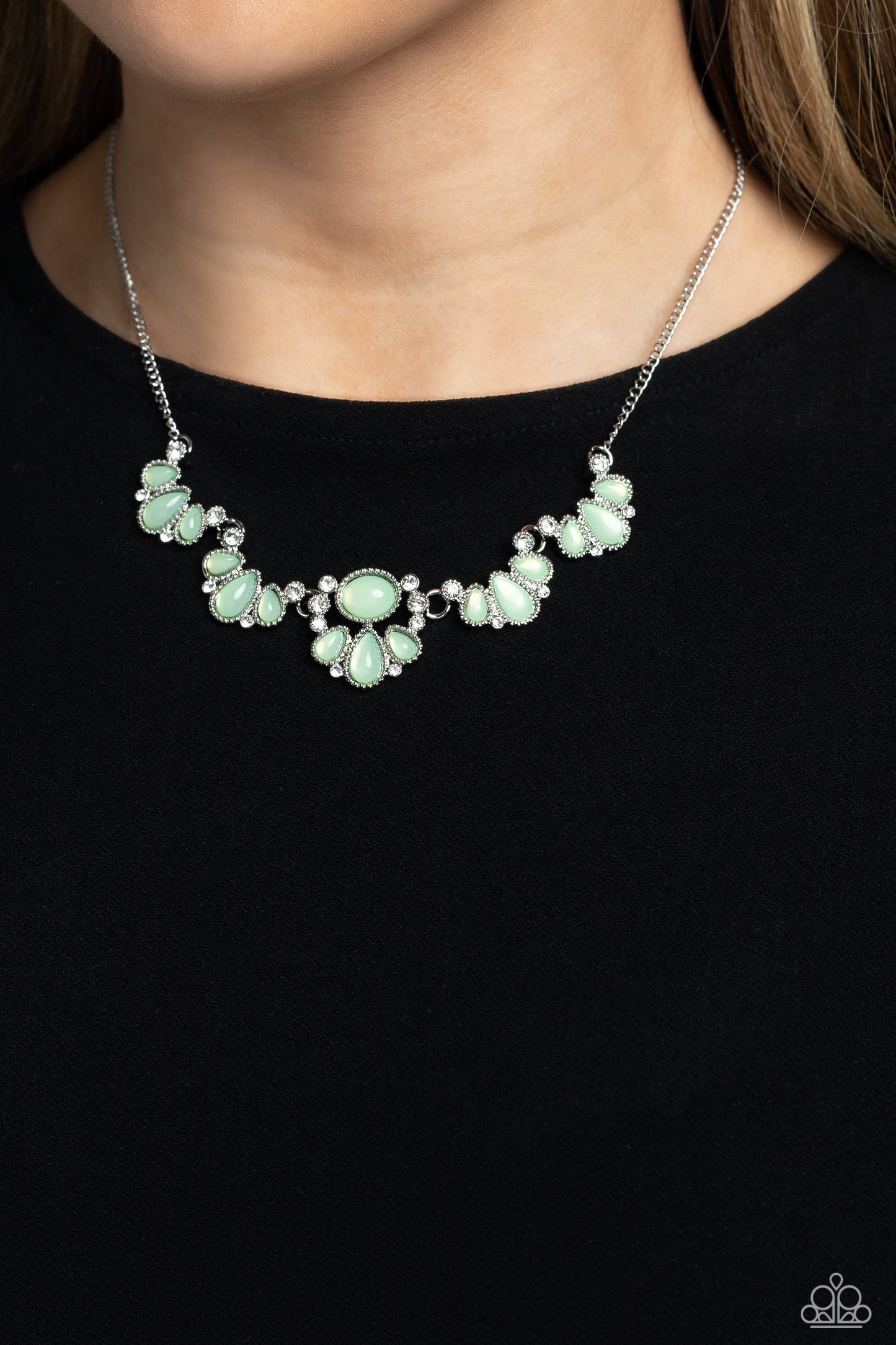 Dancing Dimension - Green Teardrops/White Rhinestone Clusters Paparazzi Necklace & matching earrings