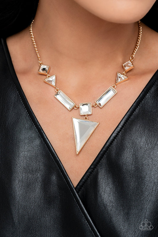 Fetchingly Fierce - Gold Chain/Reflective Rhinestone Paparazzi Necklace & matching earrings