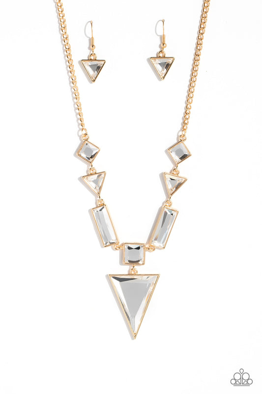 Fetchingly Fierce - Gold Chain/Reflective Rhinestone Paparazzi Necklace & matching earrings