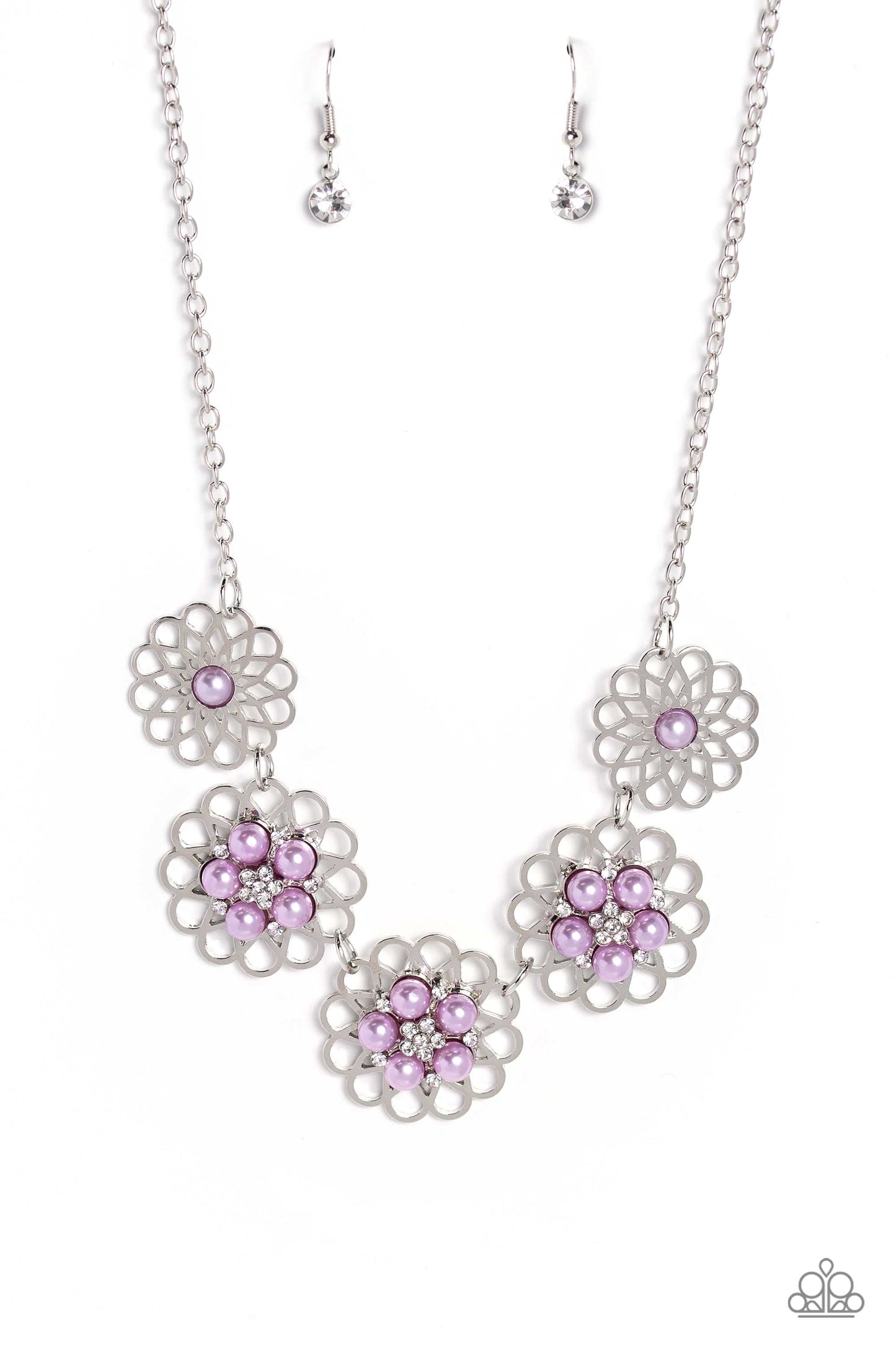 Mandala Mosaic - Purple Pearl/White Rhinestones/Silver Flower Paparazzi Necklace & matching earrings