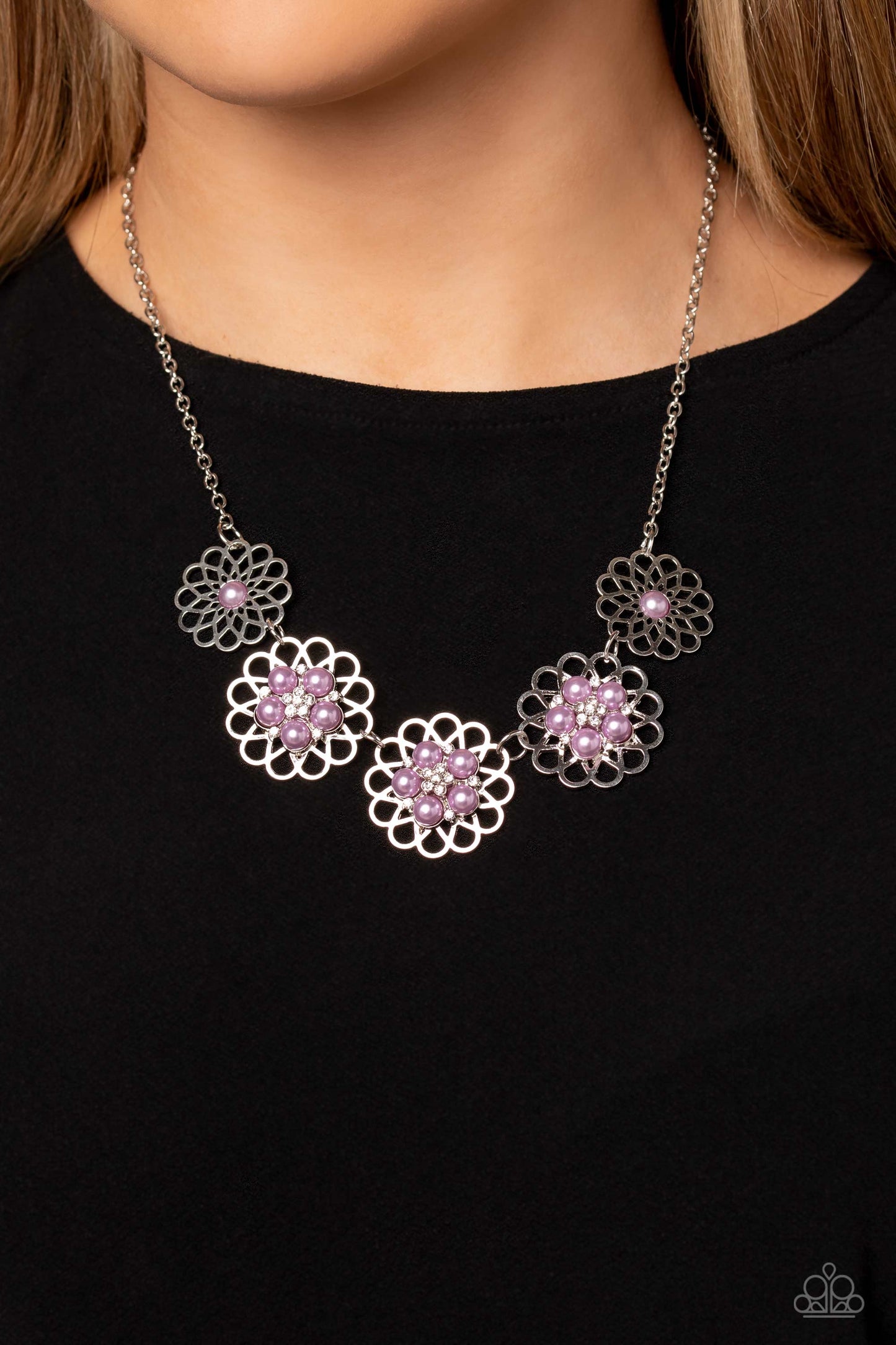 Mandala Mosaic - Purple Pearl/White Rhinestones/Silver Flower Paparazzi Necklace & matching earrings