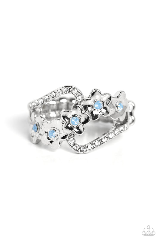 Captivating Corsage - Blue Opalescent/White Rhinestones/Silver Flowers Paparazzi Ring