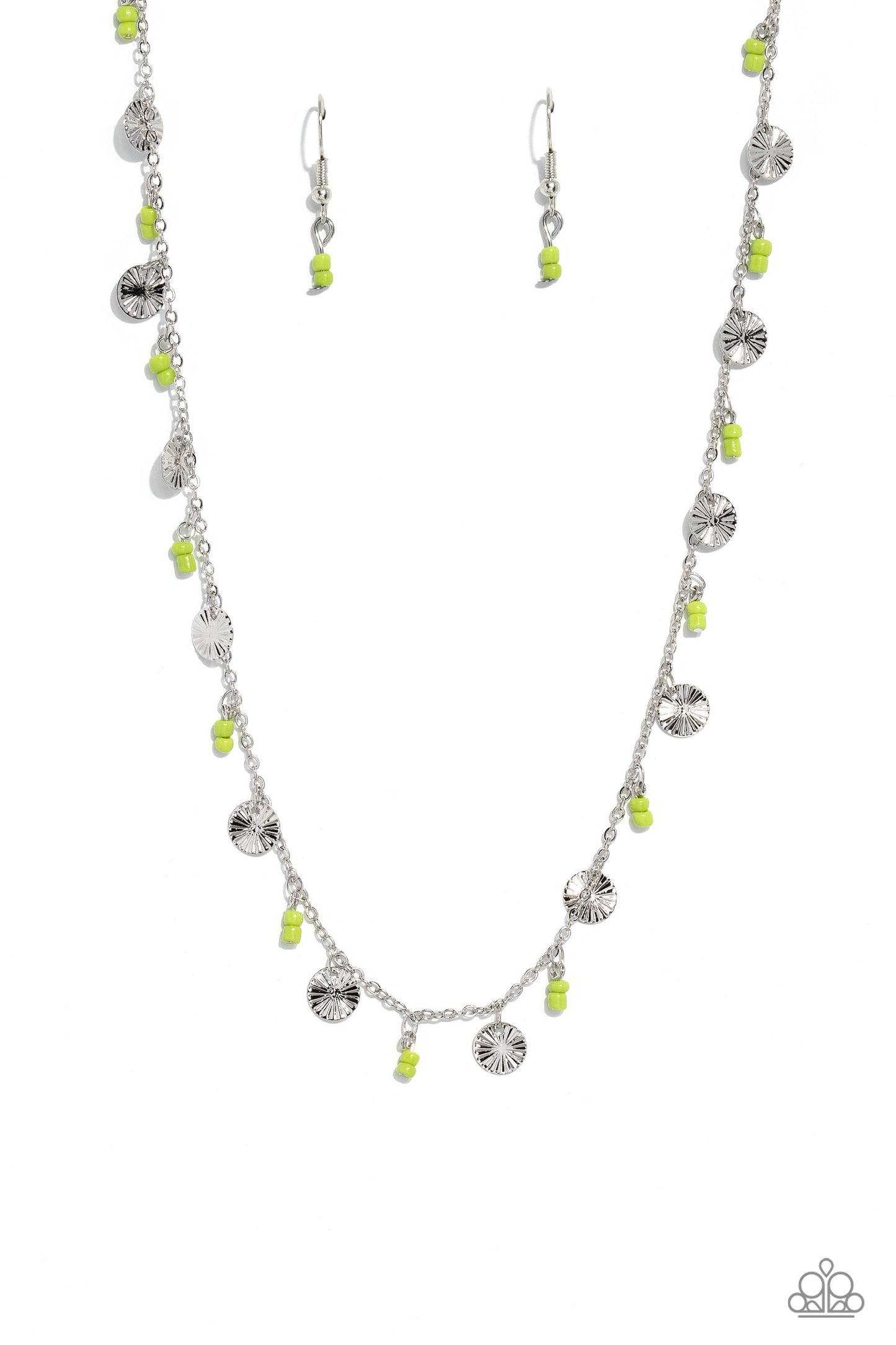 Sand Dollar Sass - Green Seed Beads/Warped Silver Disc Paparazzi Necklace & matching earrings