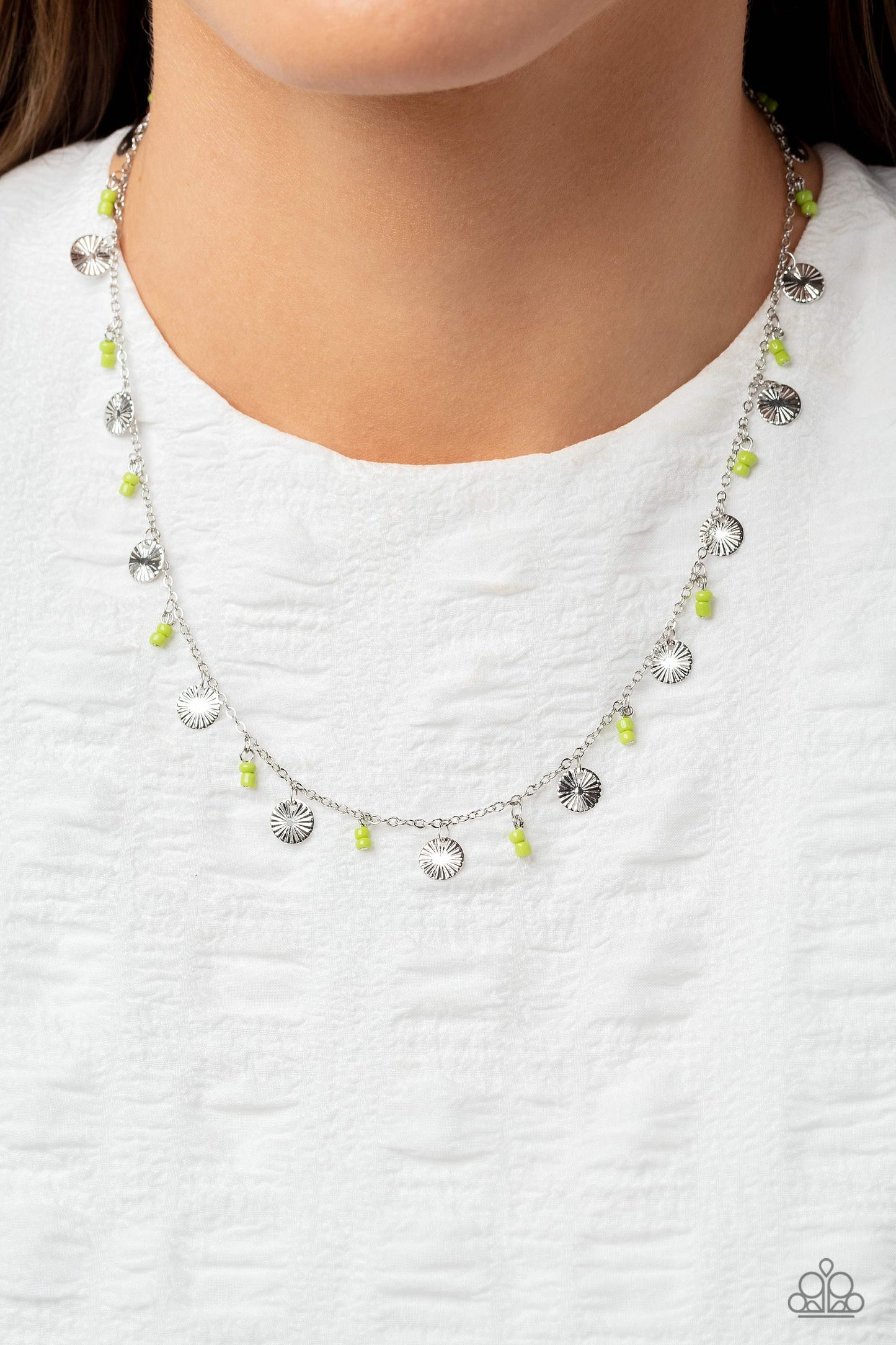 Sand Dollar Sass - Green Seed Beads/Warped Silver Disc Paparazzi Necklace & matching earrings