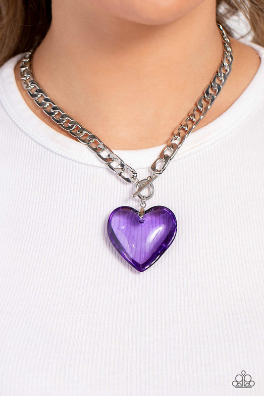 GLASSY-Hero - Purple Oversized Heart Pendant/Thick Silver Chain Paparazzi Necklace & matching earrings
