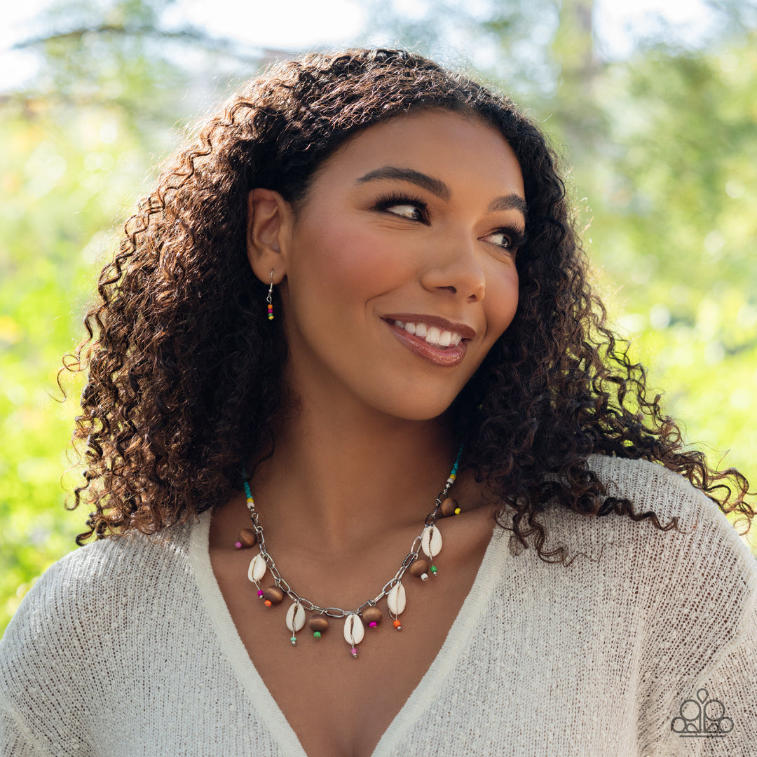 BEACH for the Sun - Blue/White/Yellow Seed Beads & Cowrie Shell Paparazzi Necklace & matching earrings