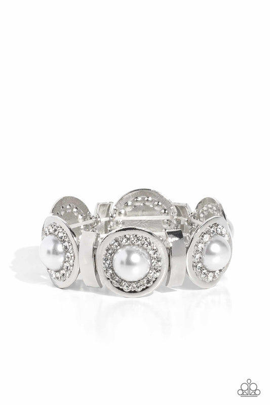 Summer Serenade - White Gems/White Oversized Pearls/Concave Silver Frame Paparazzi Stretch Bracelet