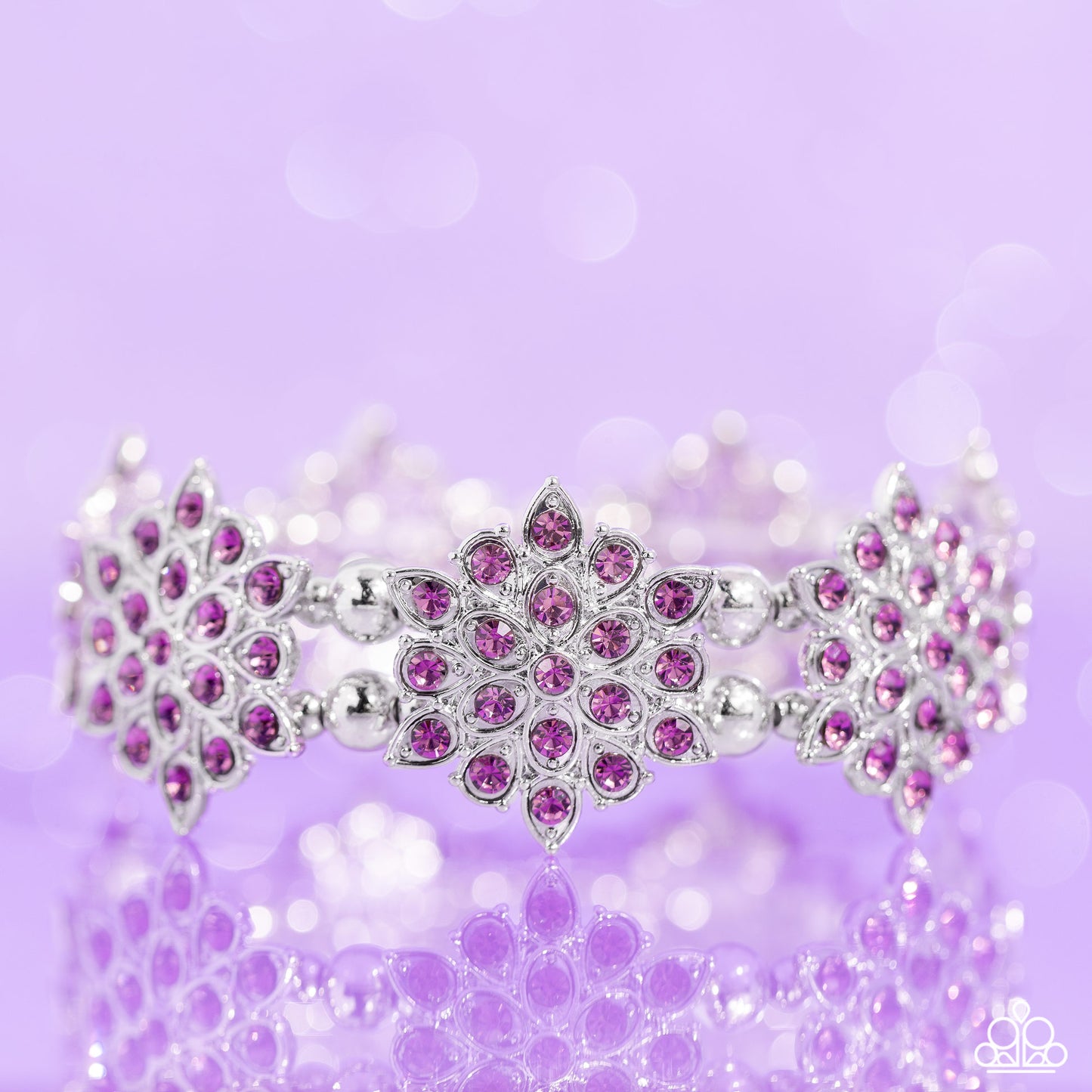 Scintillating Snowflakes - Purple Rhinestones/Silver Snowflake Shape Frames Paparazzi Stretch Bracelet