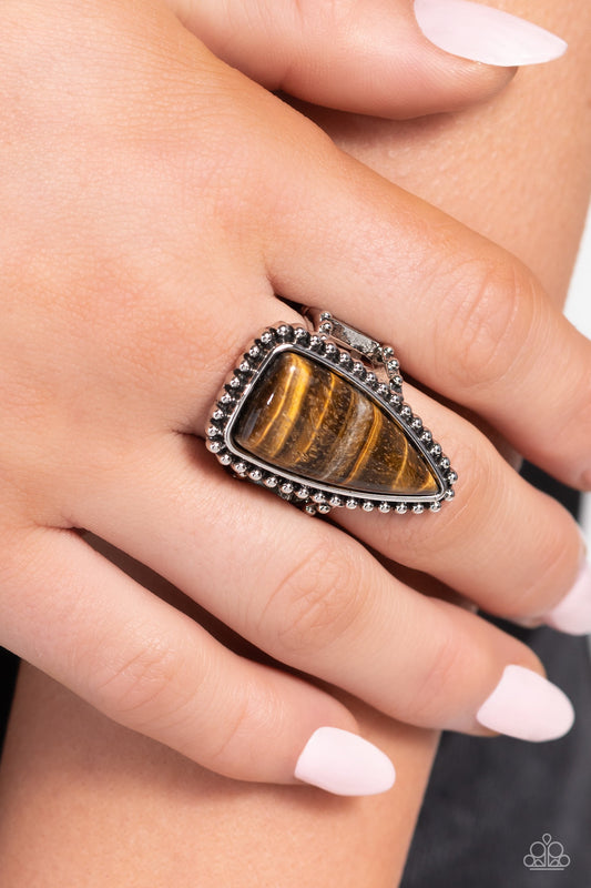 Earthy Engagement - Brown Oversized Tiger's Eye Triangle Stone Paparazzi Ring