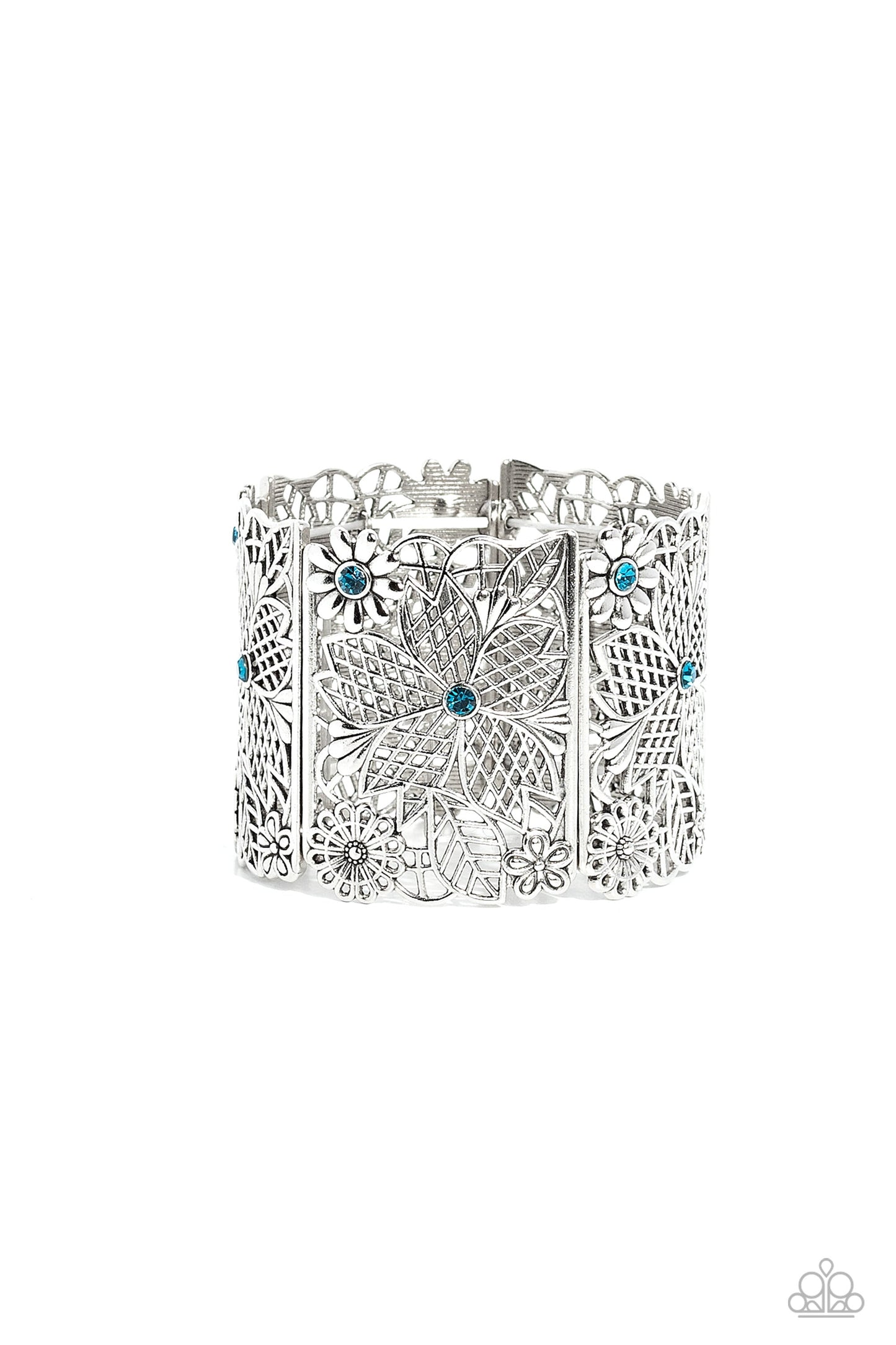 Garden City - Blue Rhinestones & Floral Filigree Silver Frame Paparazzi Stretch Bracelet