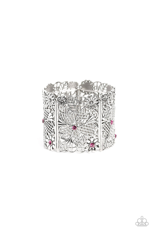 Garden City - Pink Rhinestones/Floral Filigree Silver Rectangular Frame Paparazzi Stretch Bracelet