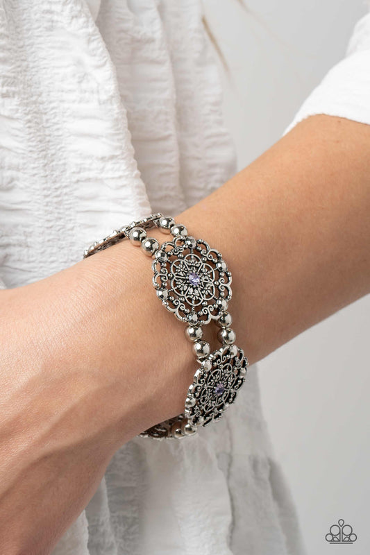 Ornamental Occasion - Purple Rhinestone & Silver Floral Filigree Paparazzi Stretch Bracelet