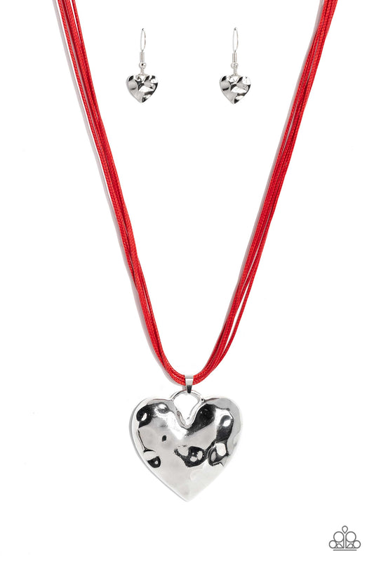 Confident Courtship - Red Cording/Oversized Silver Heart Pendant Paparazzi Necklace & matching earrings