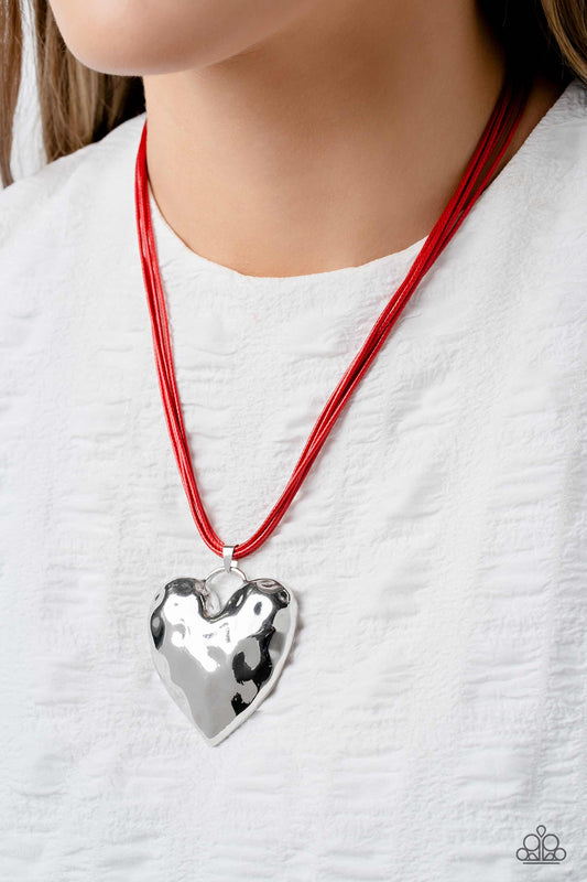Confident Courtship - Red Cording/Oversized Silver Heart Pendant Paparazzi Necklace & matching earrings