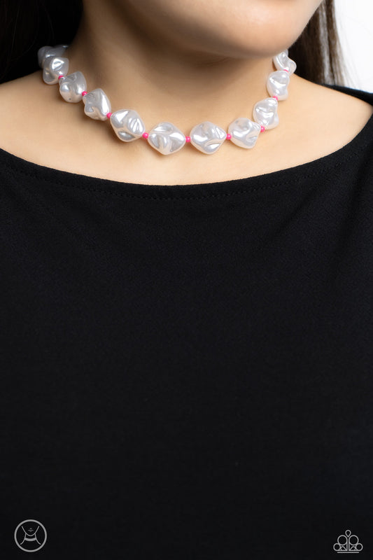 SHORE Enough - Pink Seed Beads/Baroque White Pearl Paparazzi Choker Necklace & matching earrings
