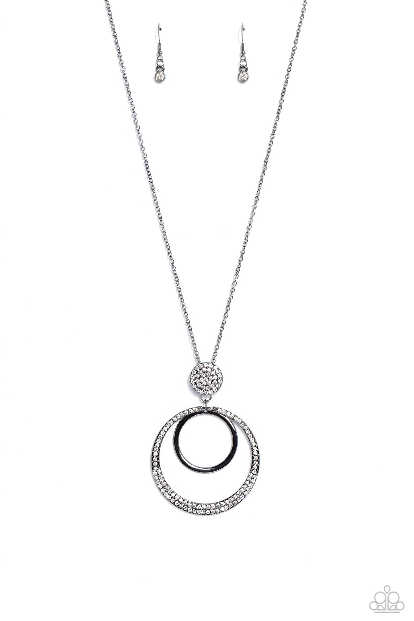 Spanish Sizzle - Gunmetal Rings/White Rhinestone Pendant Paparazzi Necklace & matching earrings