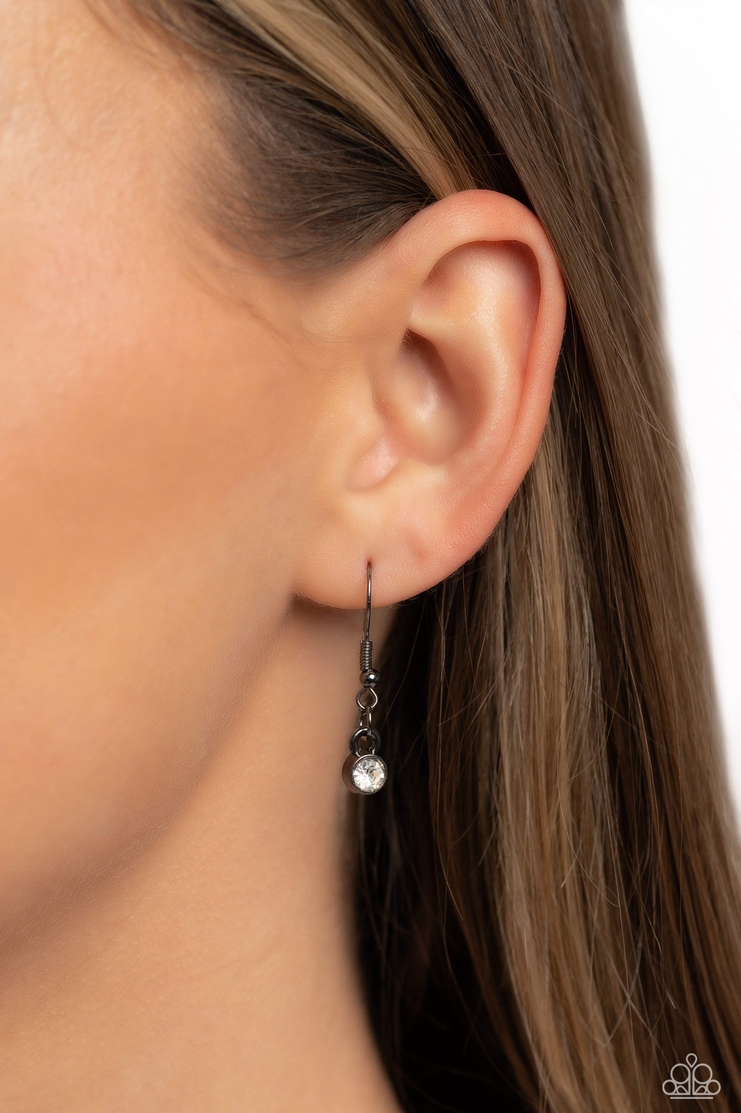 Spanish Sizzle - Gunmetal Rings/White Rhinestone Pendant Paparazzi Necklace & matching earrings