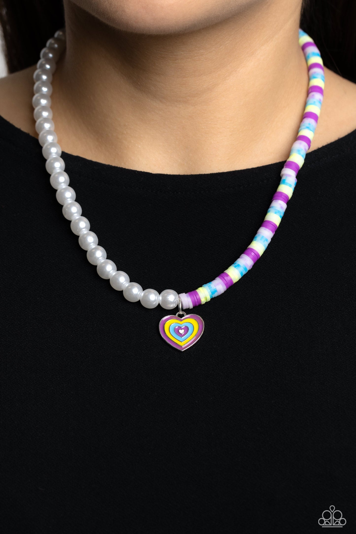 Precise Psychedelic - Purple, Yellow, Blue, White Heart Pendant Paparazzi Necklace & matching earrings