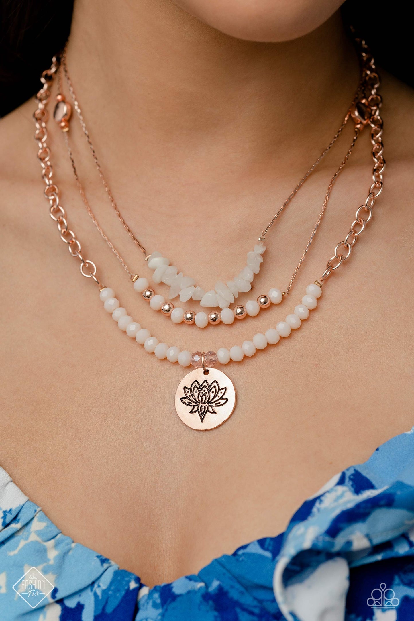 Lotus Luxury - Rose Gold Chains/White Stones/Lotus Pendant Paparazzi Necklace & matching earrings