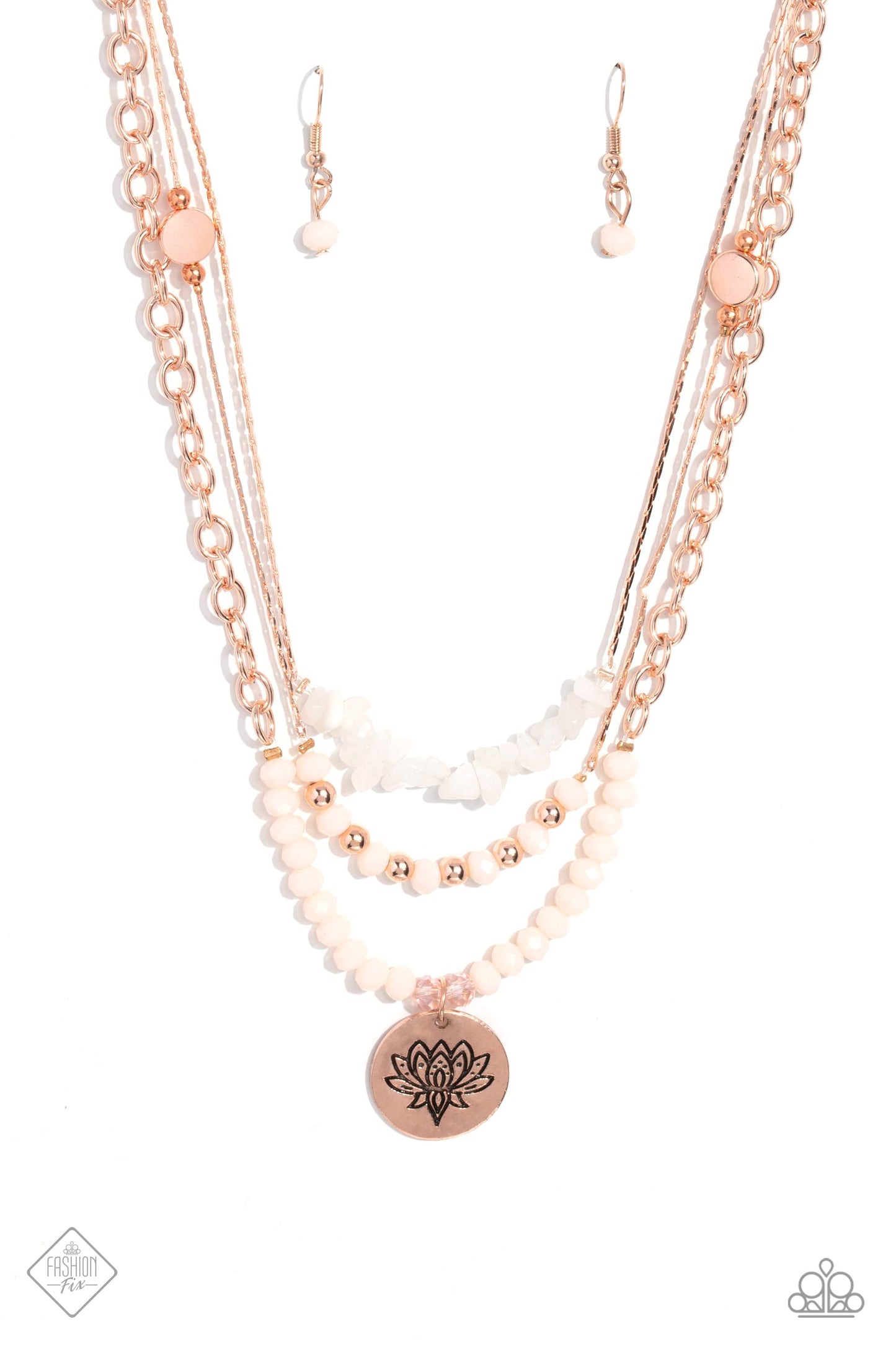 Lotus Luxury - Rose Gold Chains/White Stones/Lotus Pendant Paparazzi Necklace & matching earrings