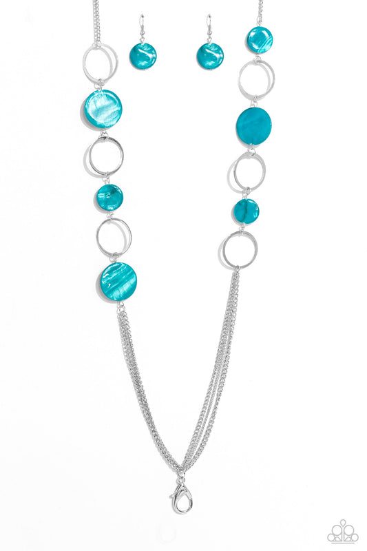 Beach Hub - Blue Shell-Like Disc/Silver Loops Paparazzi LANYARD Necklace & matching earrings