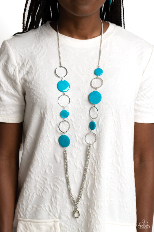 Beach Hub - Blue Shell-Like Disc/Silver Loops Paparazzi LANYARD Necklace & matching earrings