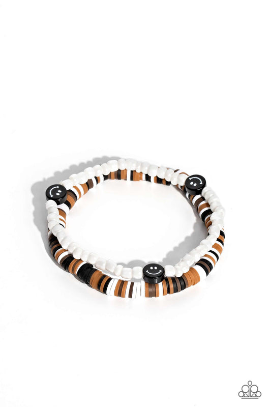 Tabloid Talent - Black, Tan, White, & Brown Clay Discs/White Seed Beads/Black Smily Face Bead Paparazzi Stretch Bracelets