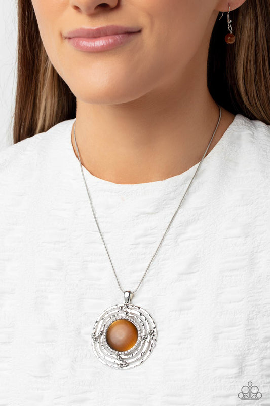 Maze STUNNER - Brown Cat's Eye Stone/Hammered Silver Frame Pendant Paparazzi Necklace & matching earrings
