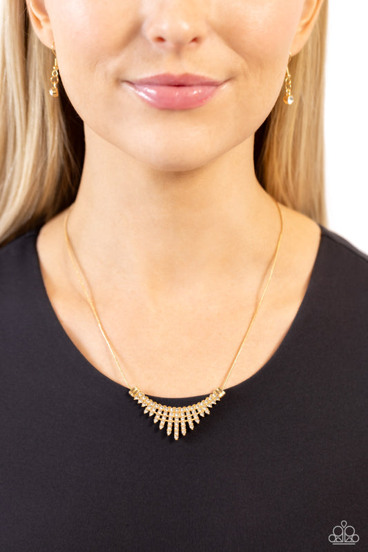 Dramatic Diadem - Gold Studded Fittings/White Rhinestone Paparazzi Necklace & matching earrings