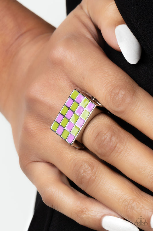 Checkerboard Craze - Green & Purple Checkerboard Pattern Paparazzi Ring