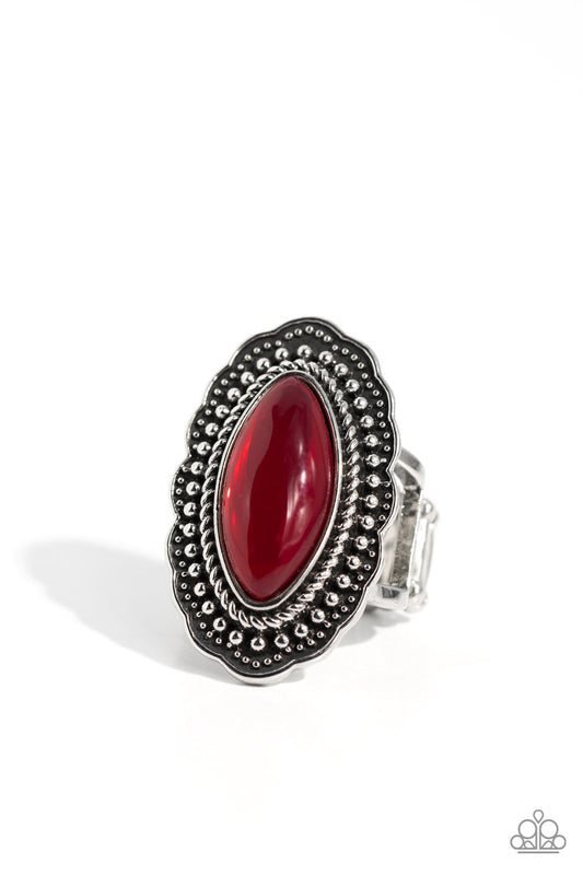 Western Wager - Red Opalescent Marquise-Cut Bead/Silver Studded Frame Paparazzi Ring