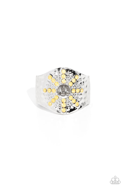 Stylish Sunbeams - Yellow Dainty Rhinestones & Textured Silver Studs Paparazzi Ring