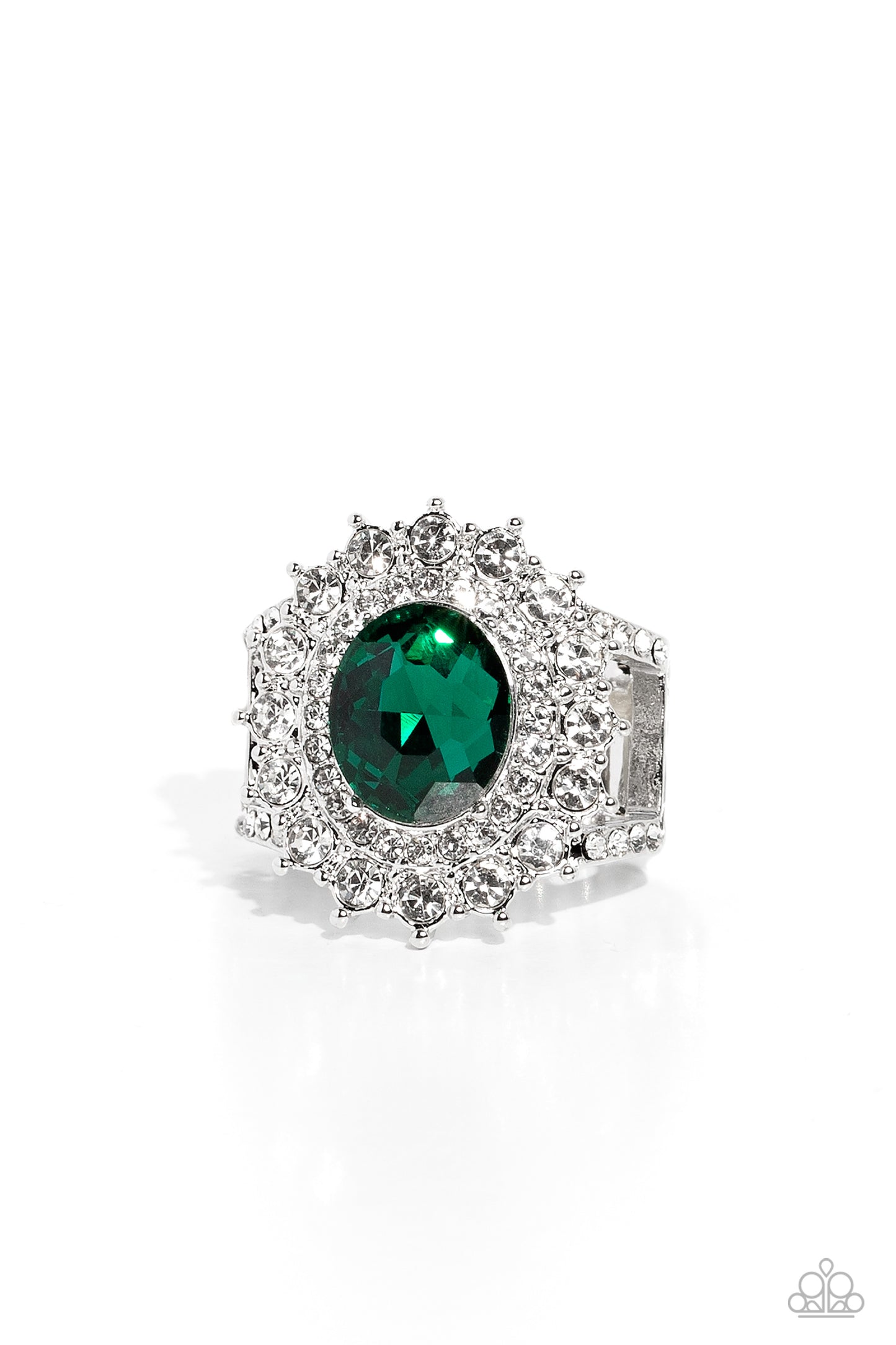 Layered Luminescence - Green Emerald Gem & White Rhinestones Paparazzi Ring