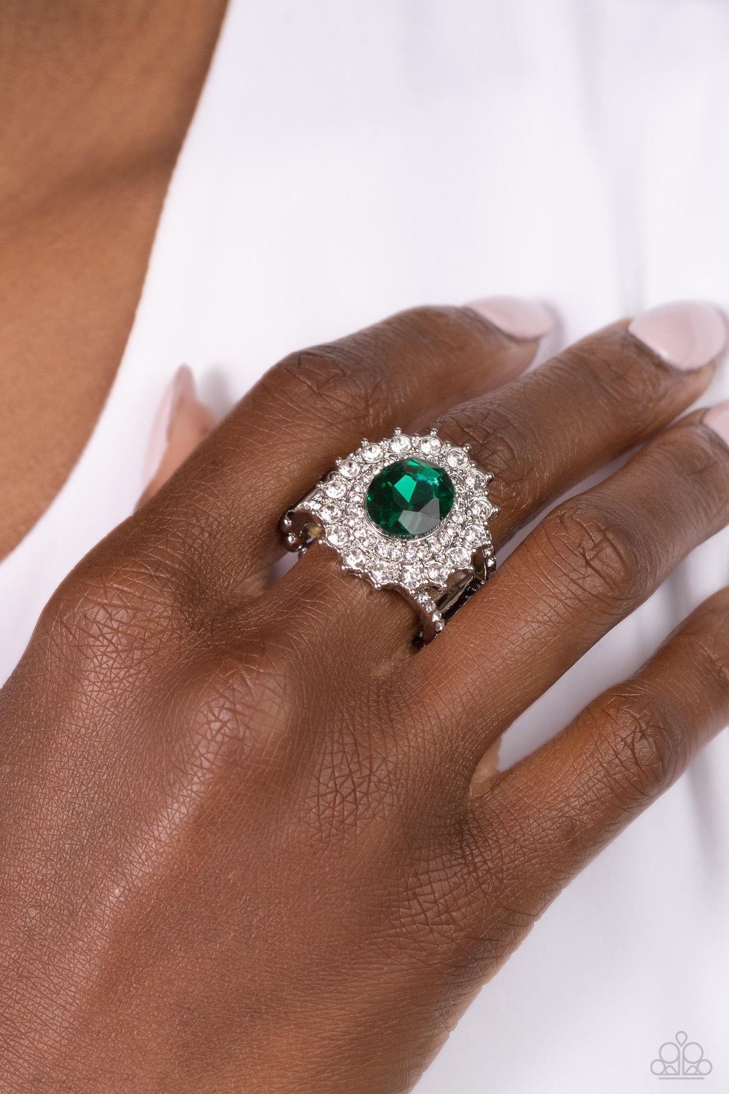 Layered Luminescence - Green Emerald Gem & White Rhinestones Paparazzi Ring