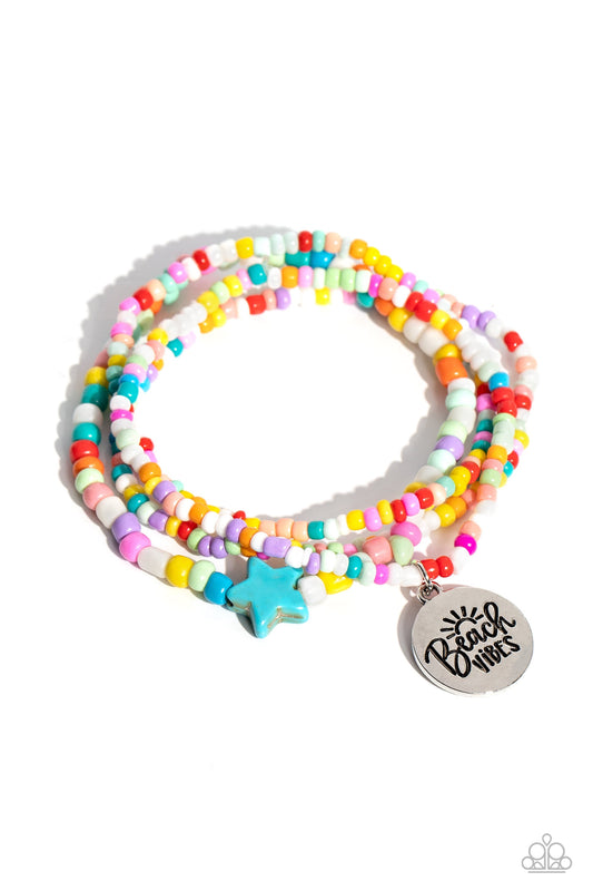 Wave Riding - Multi Colored Seed Beads, Turquoise Star, & Beach Vibes Stamped Disc Paparazzi Stretch Bracelet