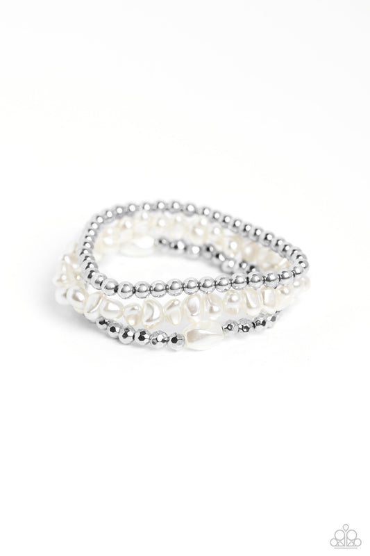 Effulgent Exchange - White Pearls & Silver Bead Set of 3 Paparazzi Stretch Bracelets