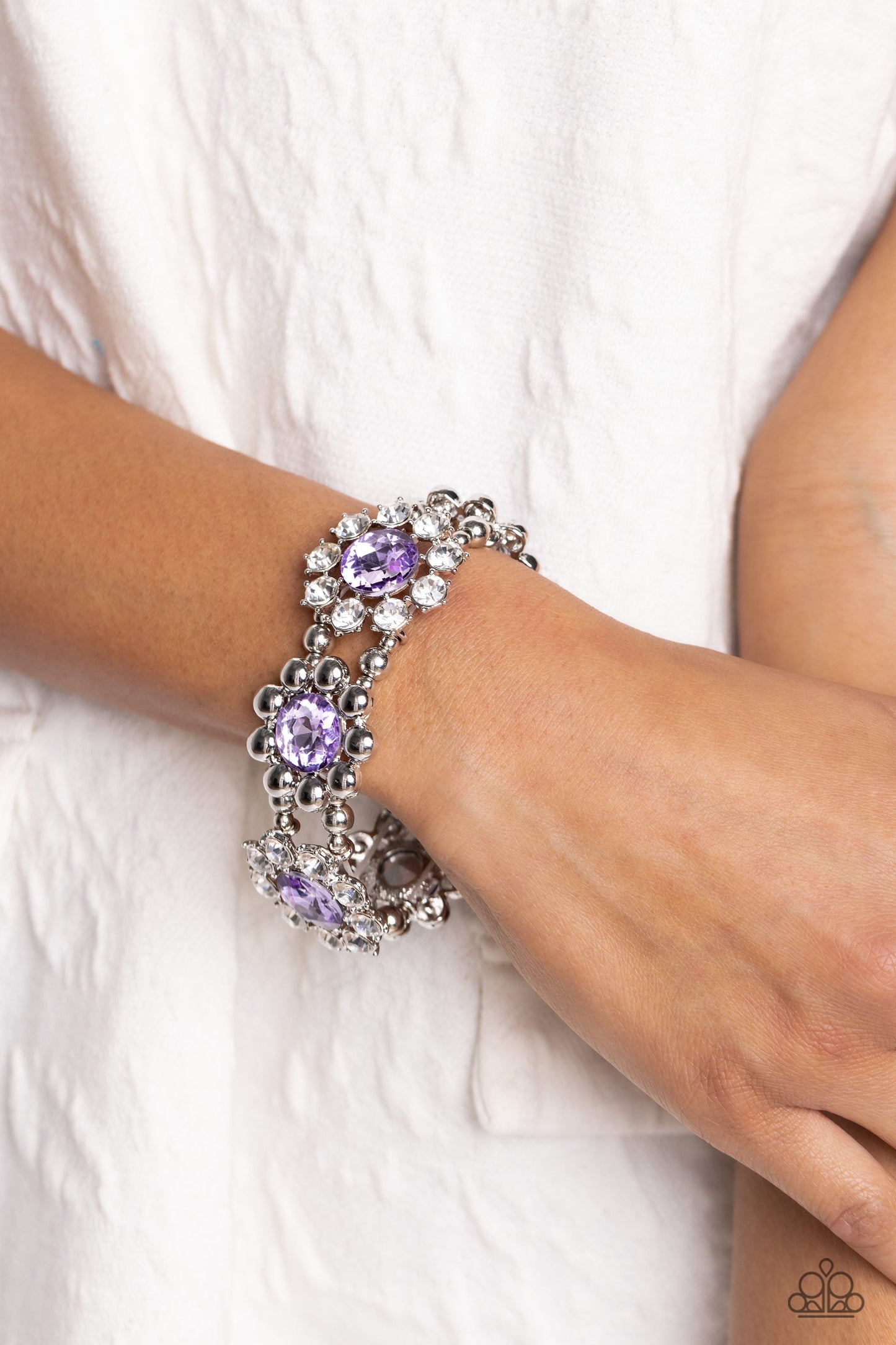 Pact of Petals - Purple Faceted Rhinestones/White Gem Petal Flowers Paparazzi Stretch Bracelet