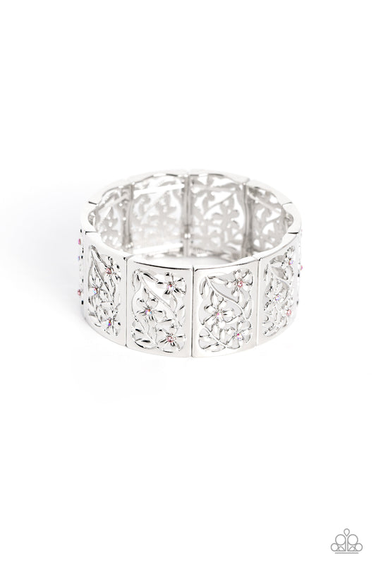 Garden Walls - Pink & Iridescent Rhinestones/Leafy Floral Filigree Paparazzi Stretch Bracelet