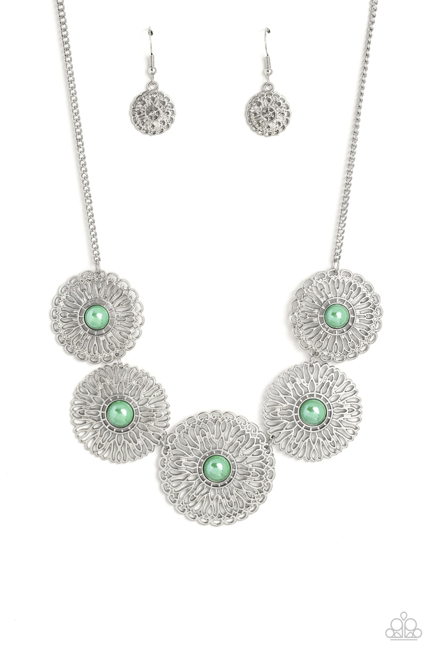 Chrysanthemum Craze - Green Beaded Centers/Tactile Silver Petals Paparazzi Necklace & matching earrings