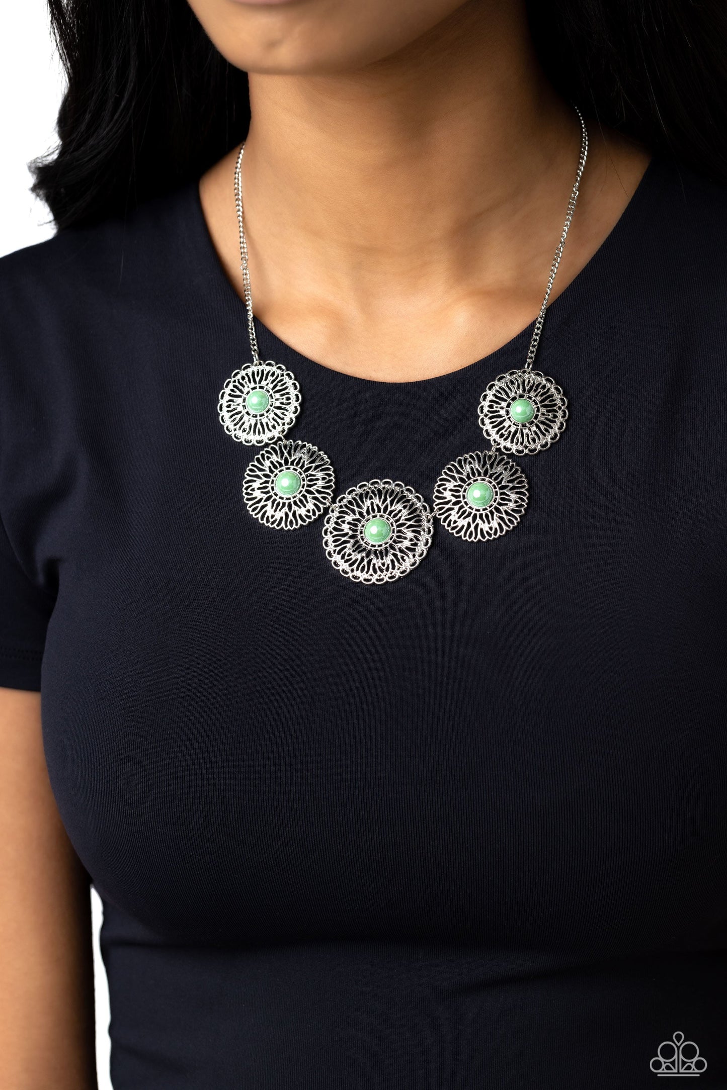 Chrysanthemum Craze - Green Beaded Centers/Tactile Silver Petals Paparazzi Necklace & matching earrings