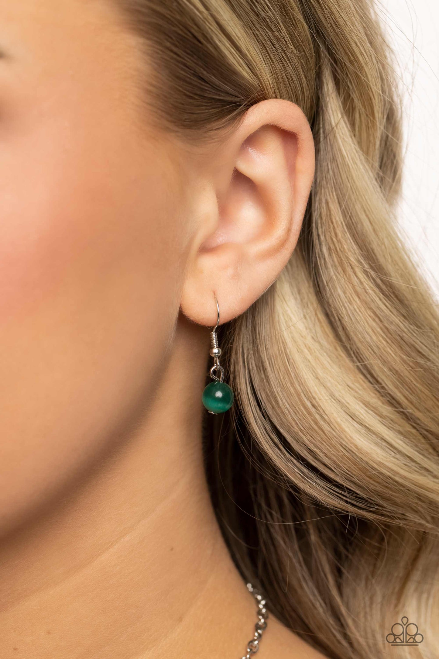 Framed in France - Green Cat's Eye Stones/Ornate Silver Frames Paparazzi Necklace & matching earrings